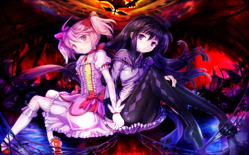 akemi homura, kaname madoka, and walpurgisnacht (mahou shoujo madoka magica) drawn by teruru