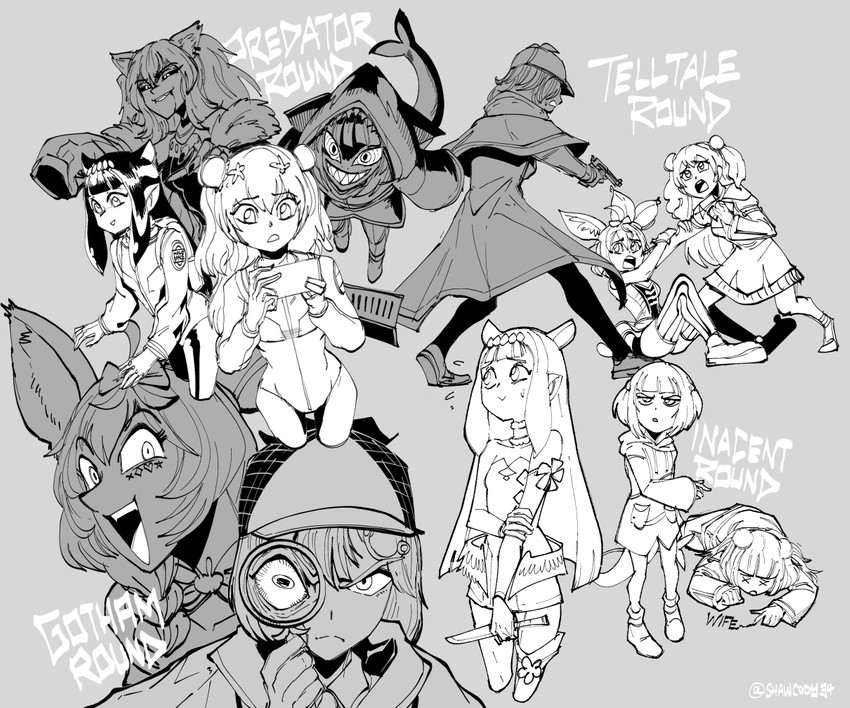 gawr gura, ninomae ina'nis, watson amelia, shishiro botan, omaru polka, and 1 more (hololive and 2 more) drawn by blueharedraws