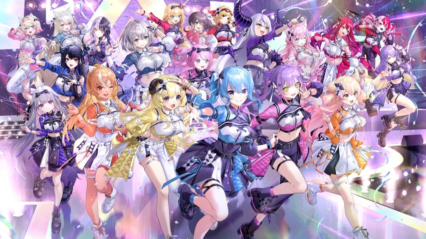 hoshimachi suisei, tokoyami towa, shirogane noel, la+ darknesss, shiori novella, and 15 more (hololive and 2 more) drawn by amagai_tarou and matsuura_kento