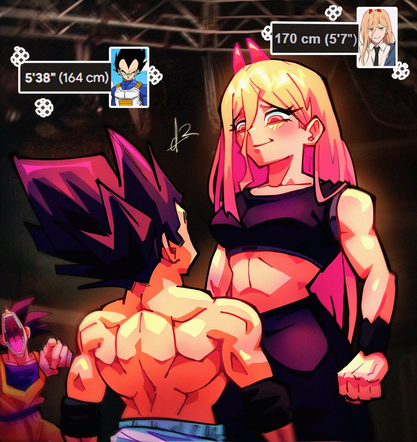 son goku, power, and vegeta (chainsaw man and 2 more) drawn by alpharecdyt