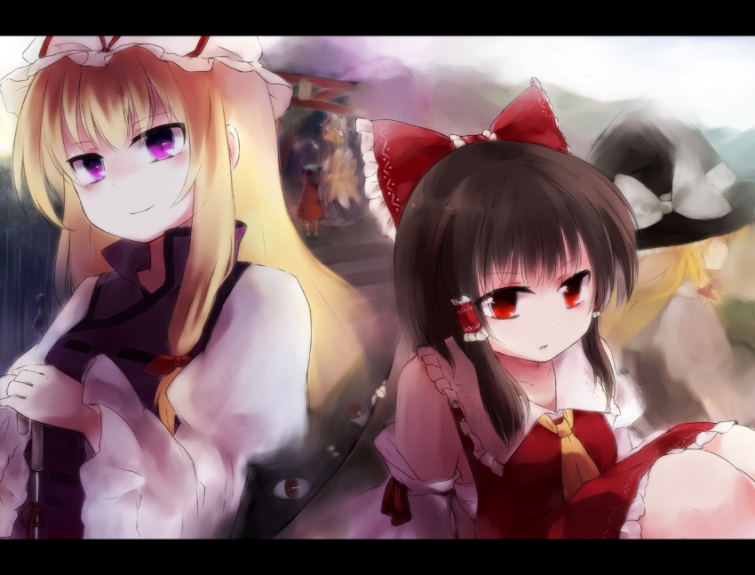 hakurei reimu, kirisame marisa, yakumo yukari, yakumo ran, and chen (touhou) drawn by mika_(moc828)