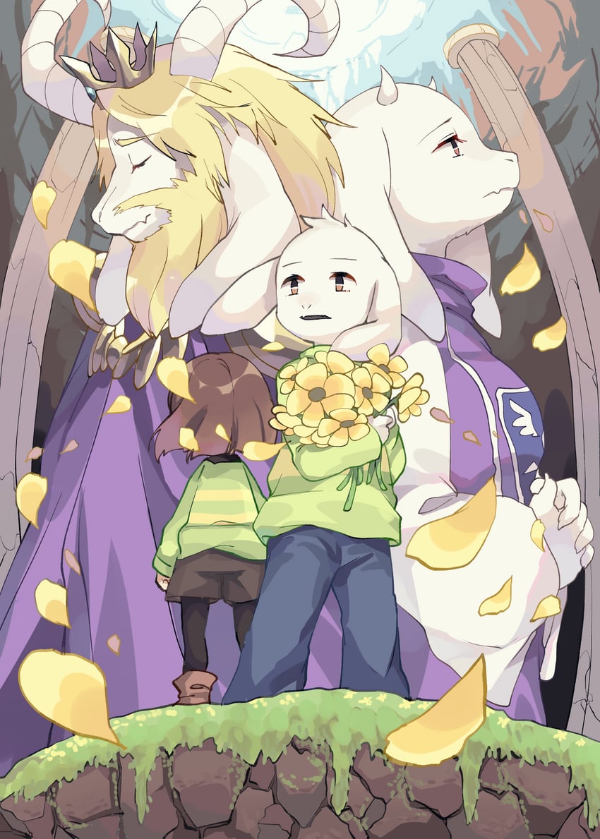 chara, toriel, asriel dreemurr, and asgore dreemurr (undertale) drawn by marueri
