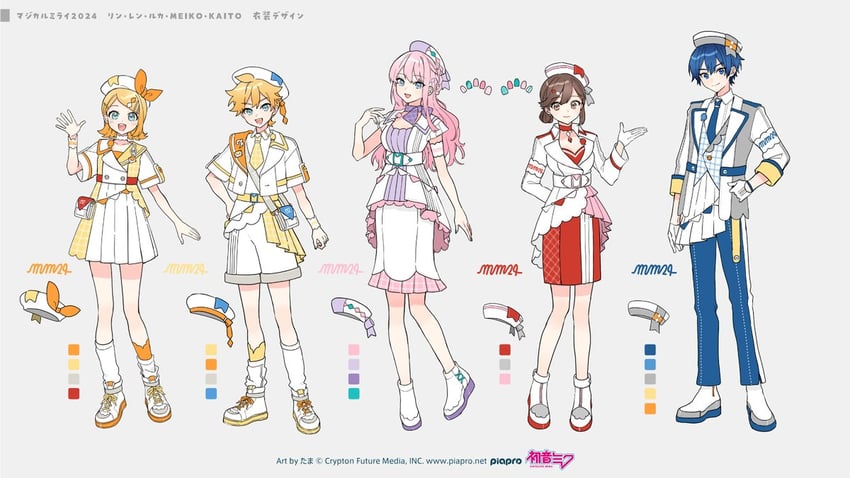 kagamine rin, kagamine len, megurine luka, kaito, meiko, and 5 more (vocaloid and 1 more) drawn by tama_(songe)