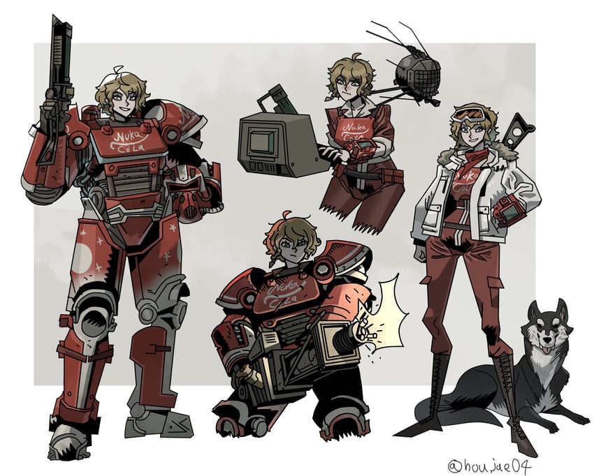 sole survivor, dogmeat, and eyebot (fallout and 1 more) drawn by ho-uja