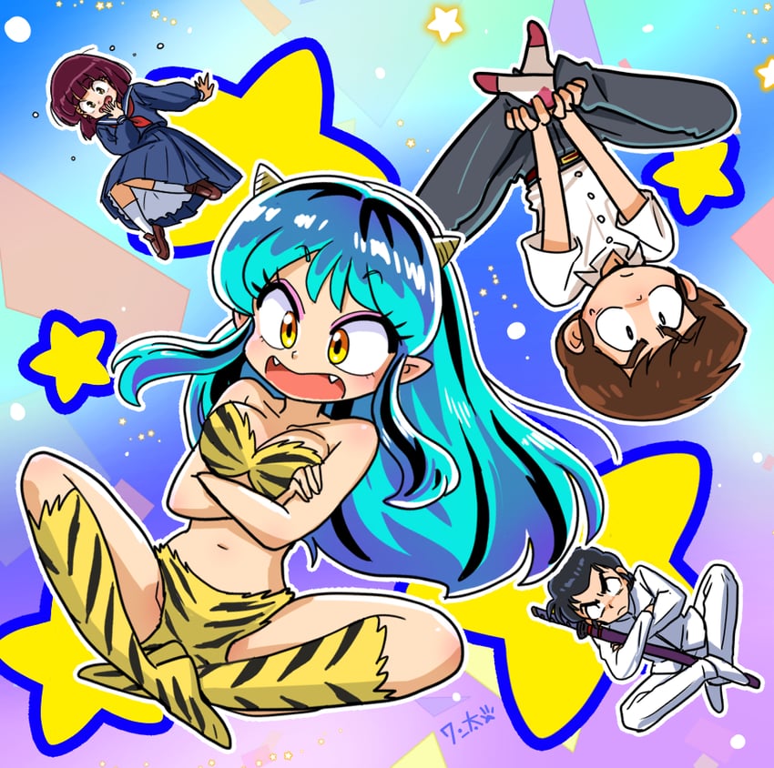 lum, moroboshi ataru, miyake shinobu, and mendou shuutarou (urusei yatsura) drawn by wanta_(futoshi)