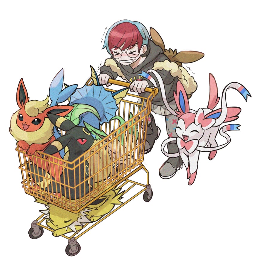 sylveon, umbreon, vaporeon, leafeon, flareon, and 2 more (pokemon and 1 more) drawn by anzu_(01010611)
