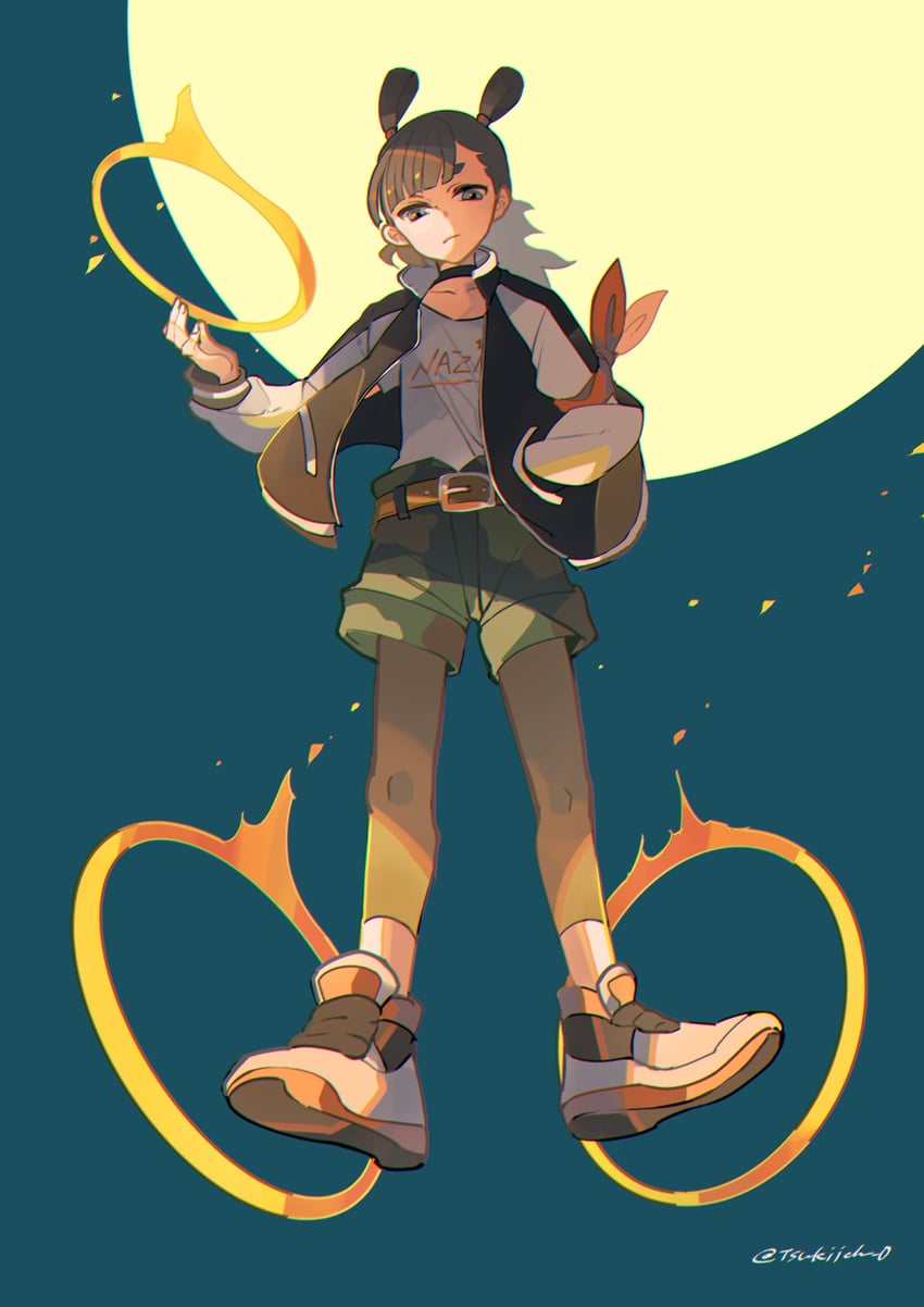 A brown-haired girl in casual clothes, floating on two flaming hoops and summoning a third in one hand.