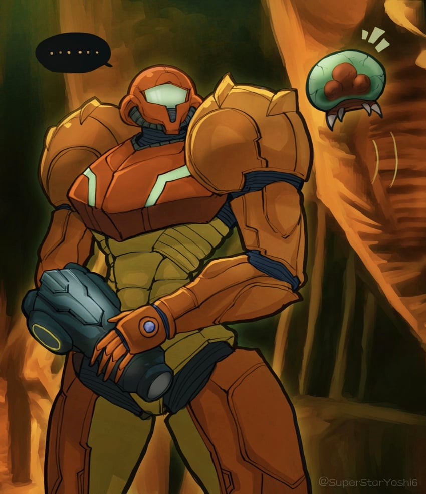 samus aran, metroid, and metroid larva (metroid and 2 more) drawn by star_yoshi