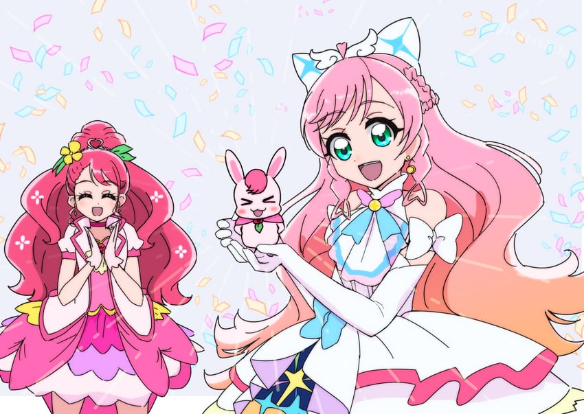 nijigaoka mashiro, hanadera nodoka, cure prism, cure grace, rabirin, and 1 more (precure and 2 more) drawn by boh_stick