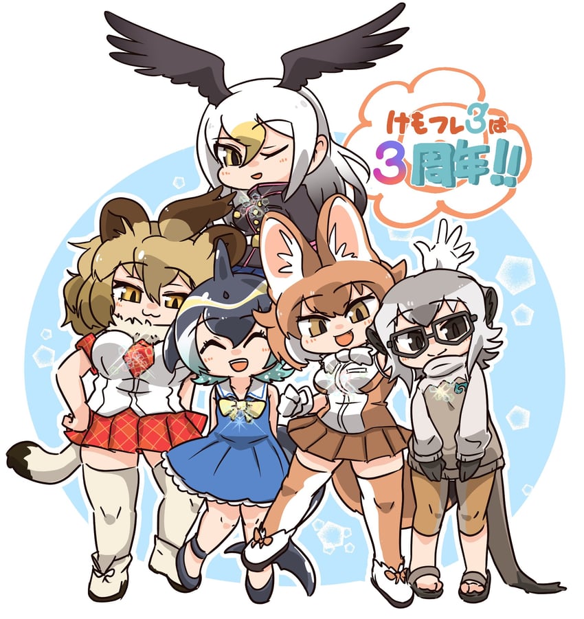 dhole, lion, common dolphin, meerkat, and bald eagle (kemono friends and 1 more) drawn by asihire