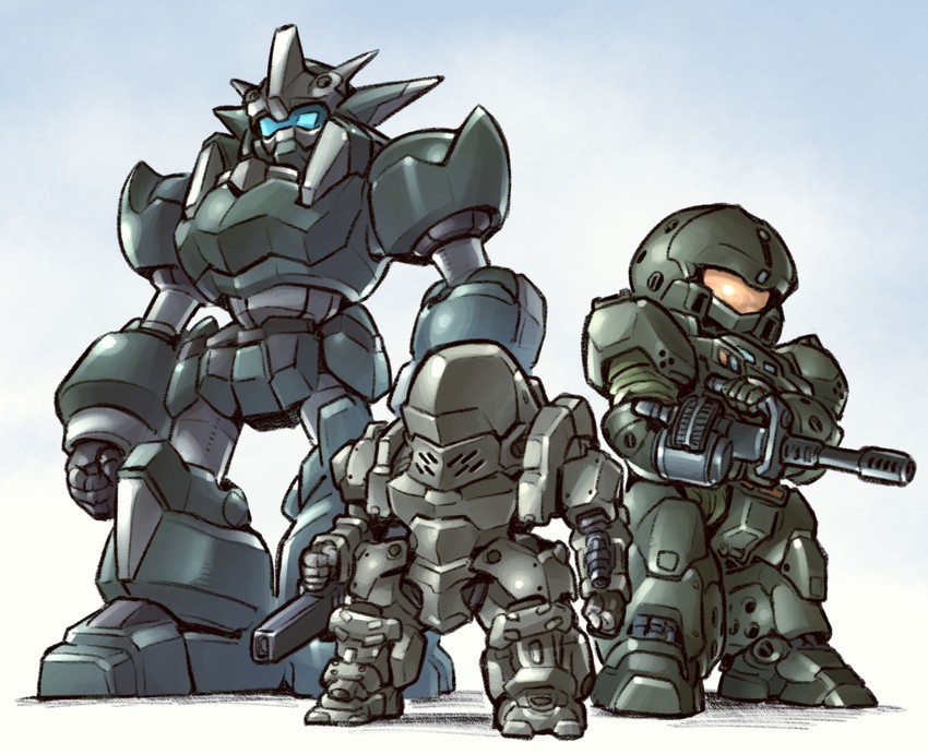 arl-99 helldiver, raiden, and kokubougar (kidou keisatsu patlabor and 2 more) drawn by kato_takuji