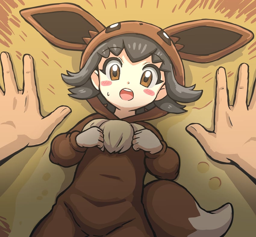 eevee and poke kid (pokemon and 1 more) drawn by takamame