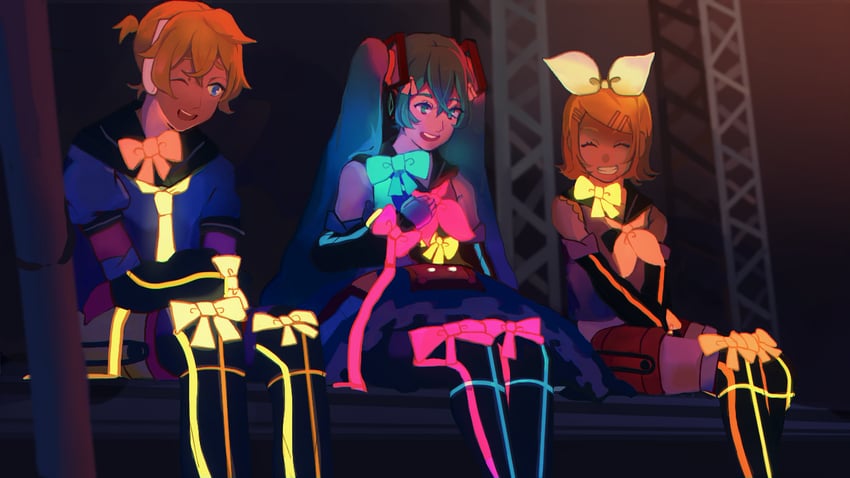 hatsune miku, kagamine rin, kagamine len, magical mirai miku, magical mirai len, and 1 more (vocaloid and 1 more) drawn by nunosei