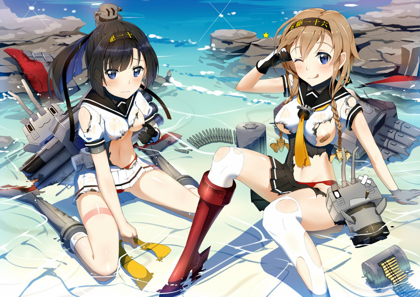 akizuki, teruzuki, and chou-10cm-hou-chan (kantai collection) drawn by lu"