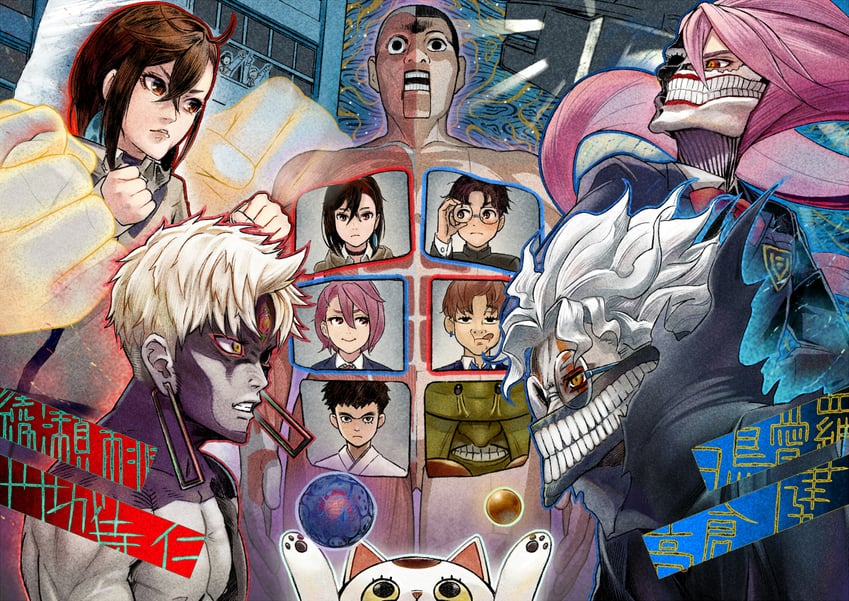 ayase momo, takakura ken, turbo granny, shiratori aira, enjoji jin, and 7 more (dandadan) drawn by oumi_mizu