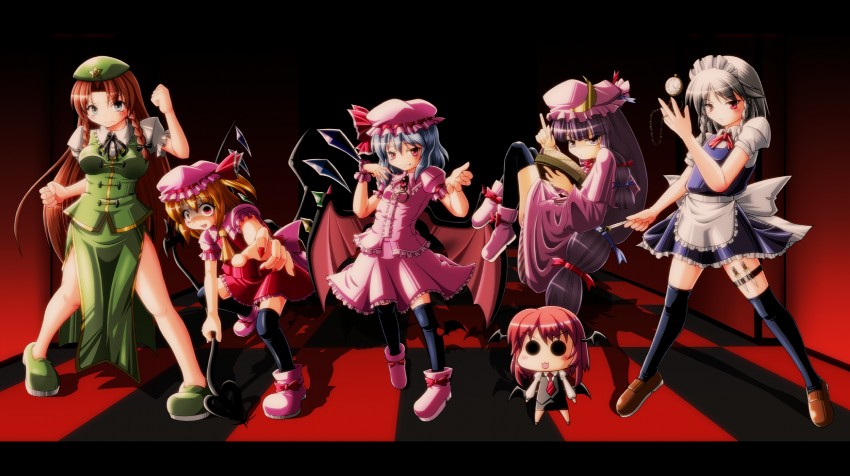 remilia scarlet, flandre scarlet, izayoi sakuya, patchouli knowledge, hong meiling, and 1 more (touhou and 1 more) drawn by sd-sos