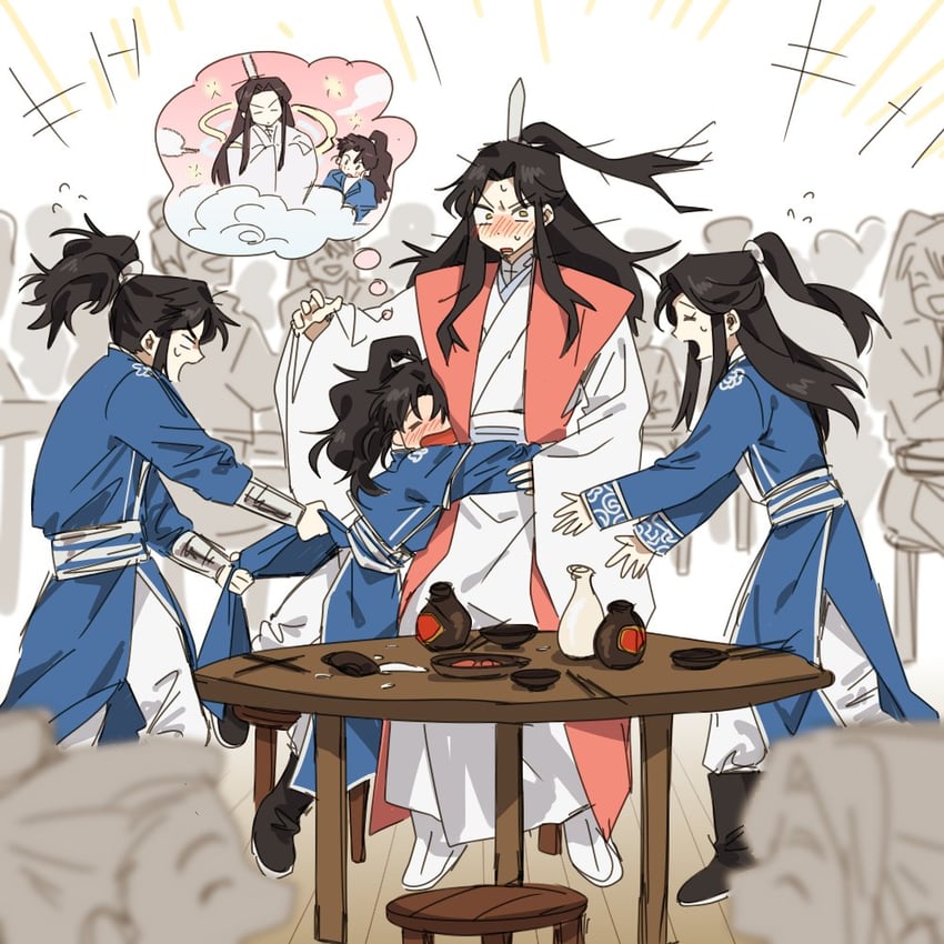chu wanning, mo ran, xue meng, and shi mei (erha he ta de bai mao shizun) drawn by bujang