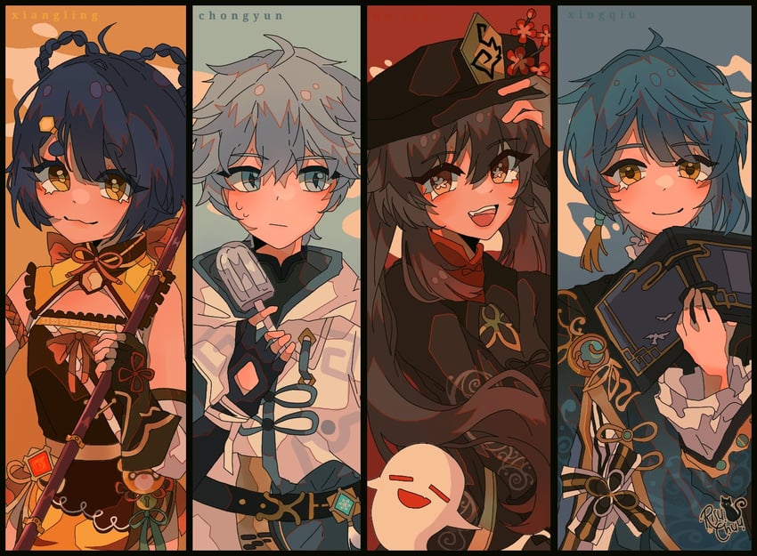 hu tao, boo tao, xingqiu, chongyun, and xiangling (genshin impact) drawn by risukaede