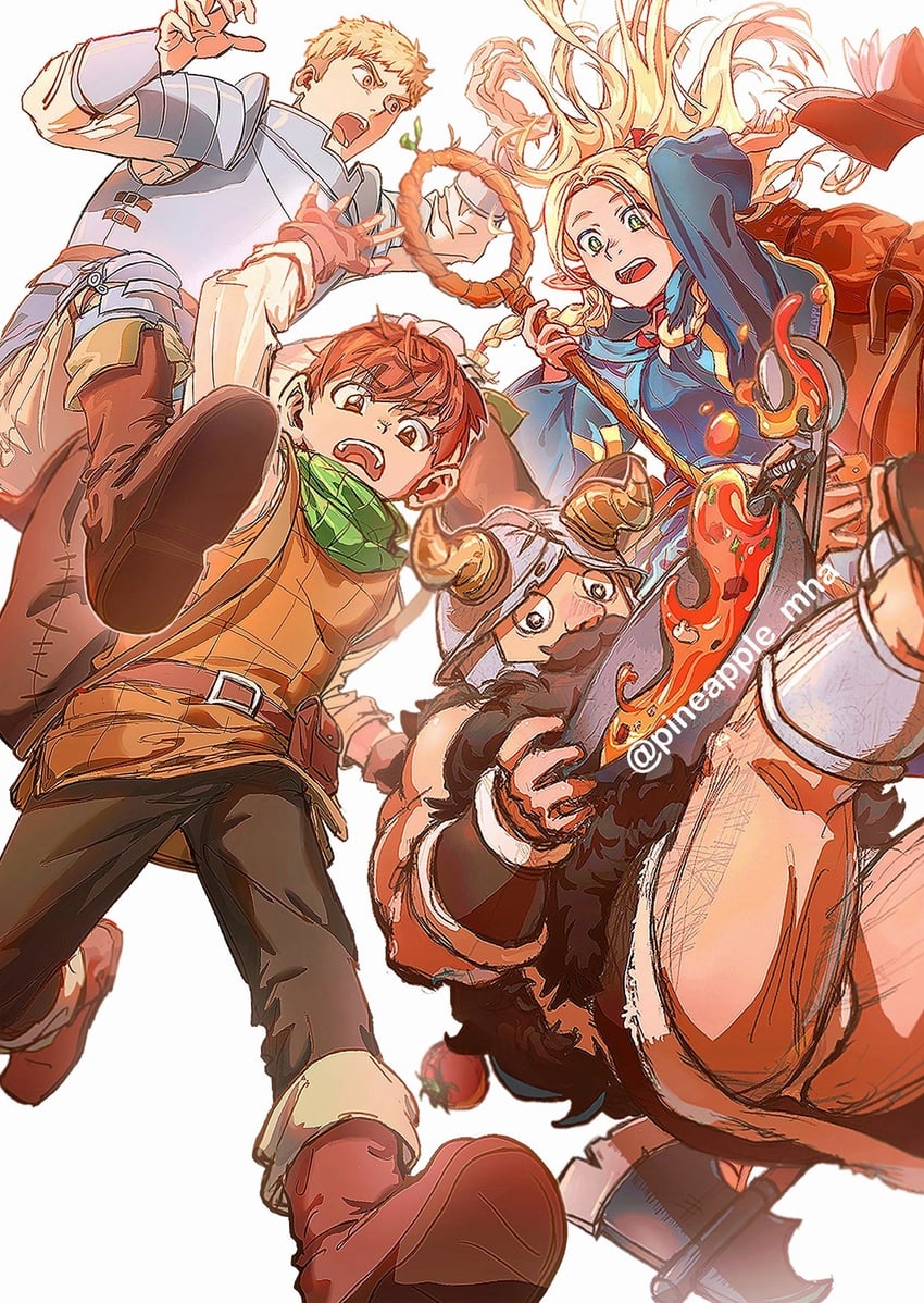 marcille donato, laios touden, senshi, and chilchuck tims (dungeon meshi) drawn by pineapp80783931