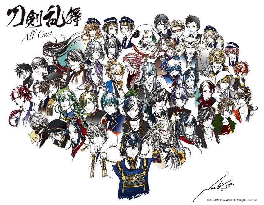 mikazuki munechika, kashuu kiyomitsu, yamato-no-kami yasusada, tsurumaru kuninaga, namazuo toushirou, and 44 more (touken ranbu) drawn by yamamoto_naoki_(bassman_naoki)