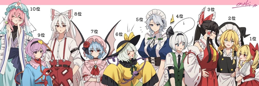 hakurei reimu, kirisame marisa, remilia scarlet, flandre scarlet, izayoi sakuya, and 5 more (touhou) drawn by enoki_3106