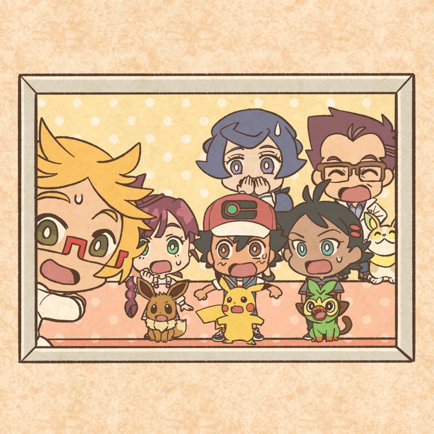 pikachu, ash ketchum, eevee, grookey, goh, and 5 more (pokemon and 1 more) drawn by mojacookie