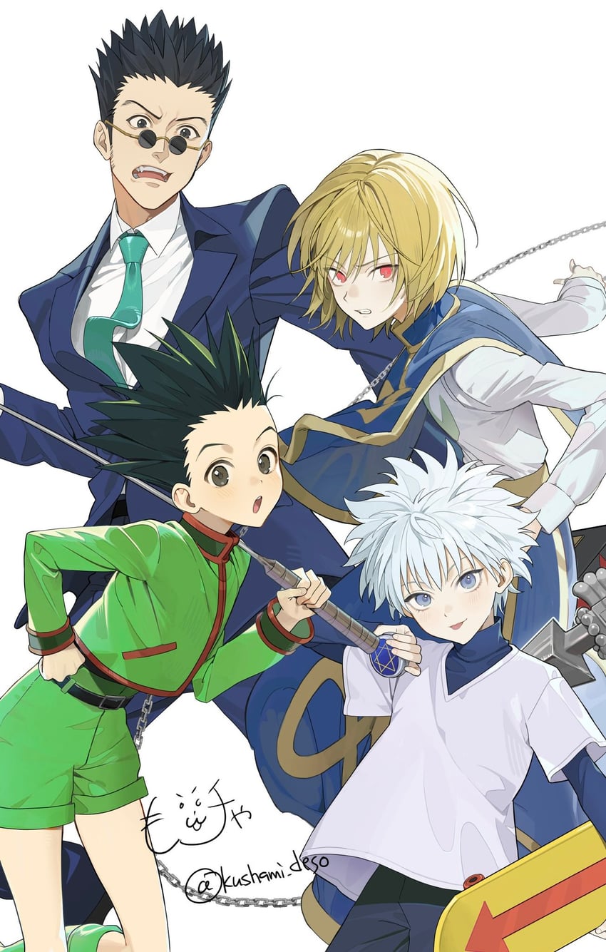 killua zoldyck, kurapika, gon freecss, and leorio paladiknight (hunter x hunter) drawn by kushami_deso