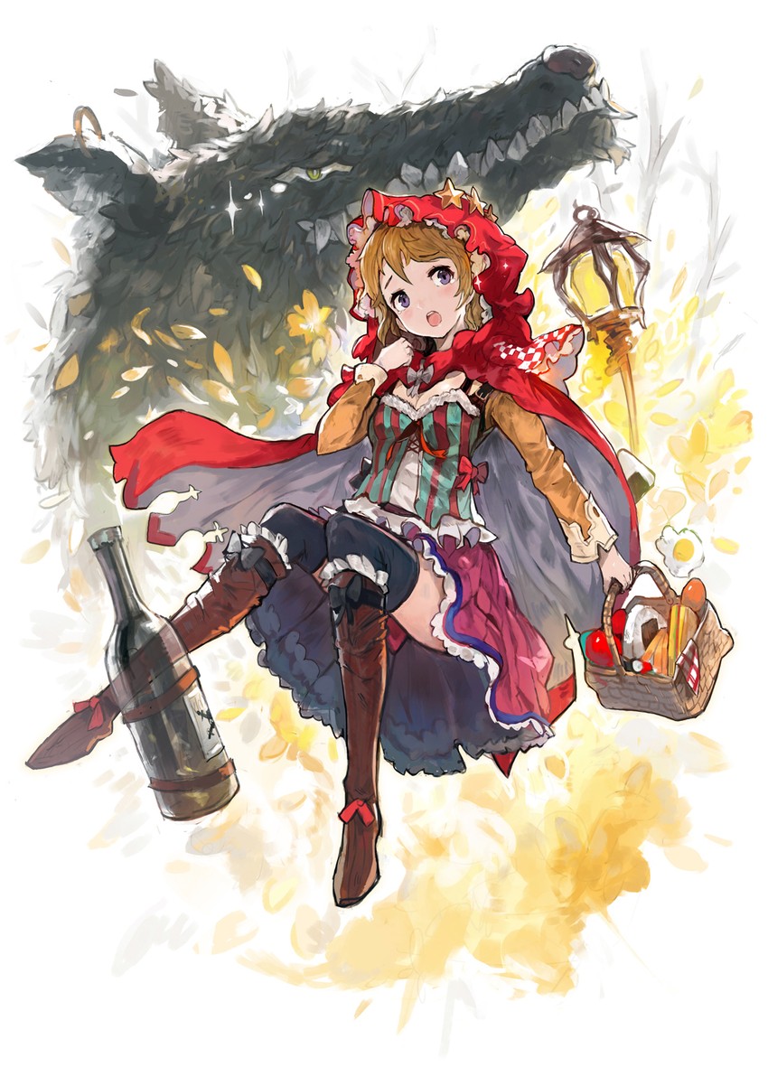 koizumi hanayo, little red riding hood, and big bad wolf (love live! and 3 more) drawn by alchemaniac
