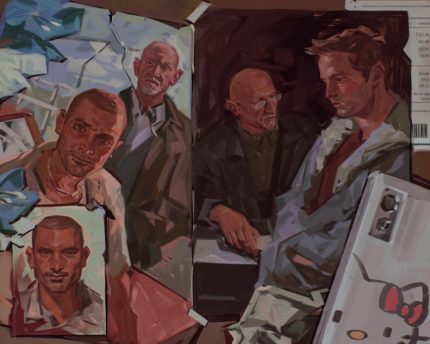 jesse pinkman, mike ehrmantraut, and nacho varga (breaking bad and 1 more) drawn by sunnnliwx
