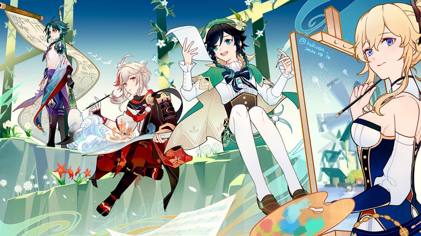 venti, xiao, kaedehara kazuha, and jean (genshin impact) drawn by rokuon