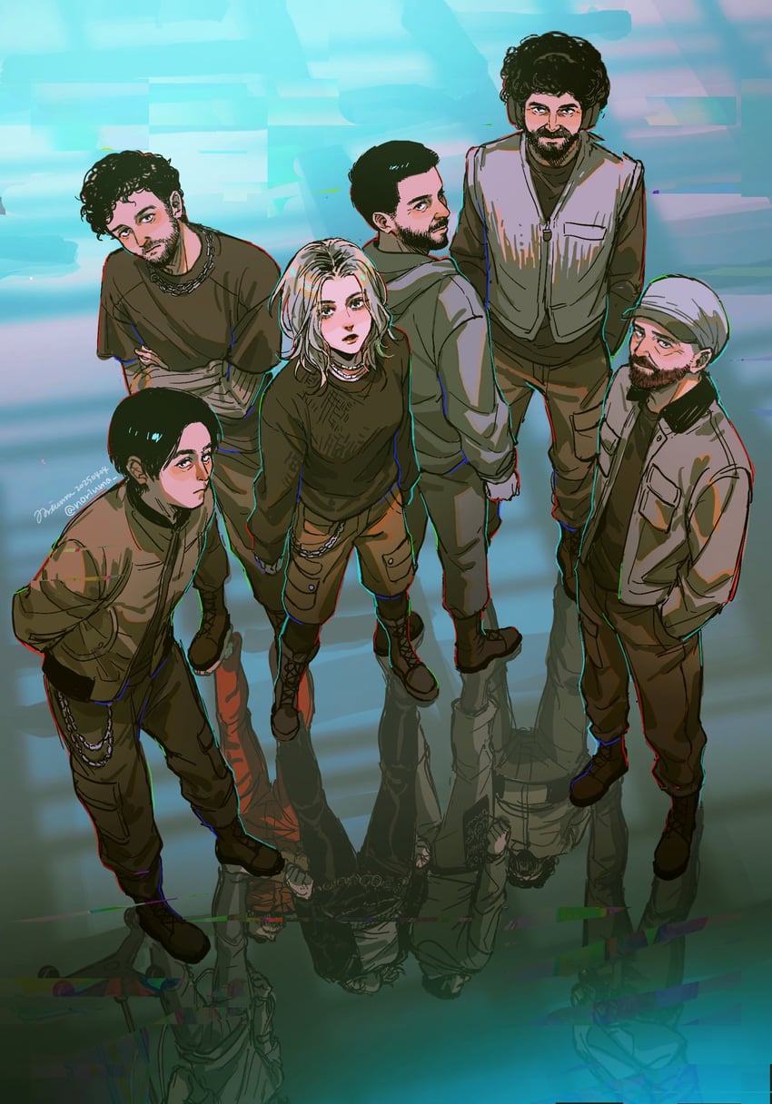 emily armstrong, michael kenji shinoda, joseph hahn, bradford phillip delson, david michael farrell, and 1 more (real life and 1 more) drawn by noriuma