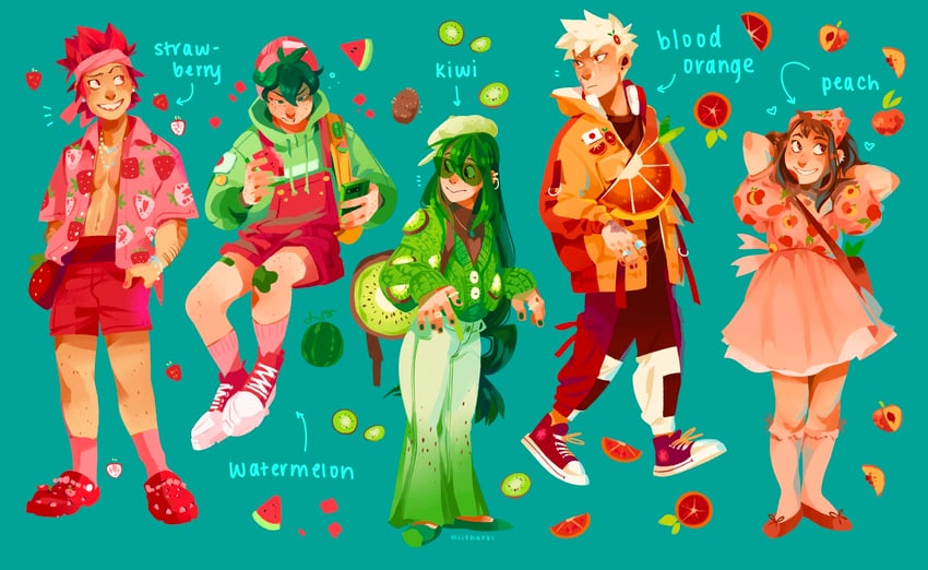 midoriya izuku, bakugou katsuki, uraraka ochaco, asui tsuyu, and kirishima eijiro (boku no hero academia) drawn by miithers
