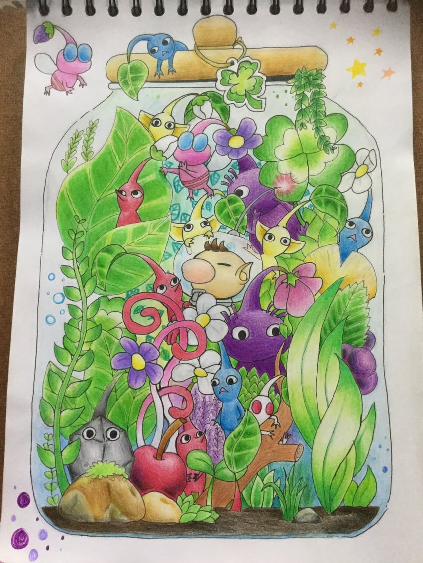 red pikmin, olimar, yellow pikmin, blue pikmin, purple pikmin, and 3 more (pikmin) drawn by icedtea128