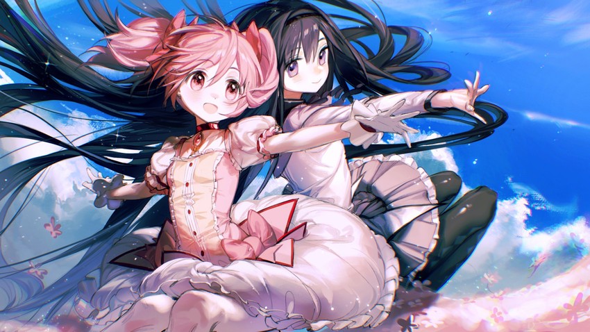 akemi homura and kaname madoka (mahou shoujo madoka magica) drawn by rumoon