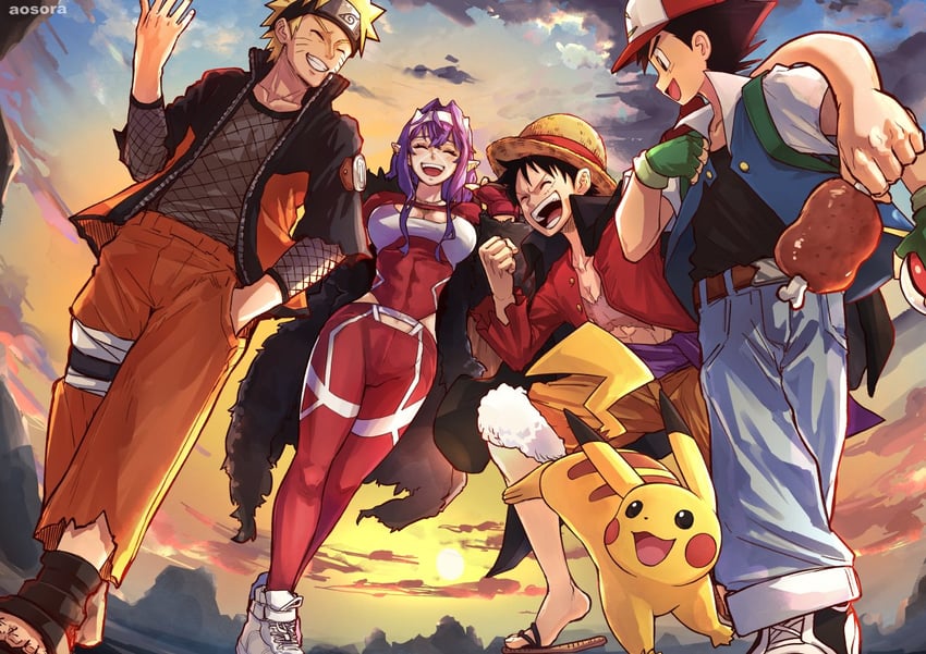 pikachu, monkey d. luffy, ash ketchum, and uzumaki naruto (original and 4 more) drawn by aosora2823