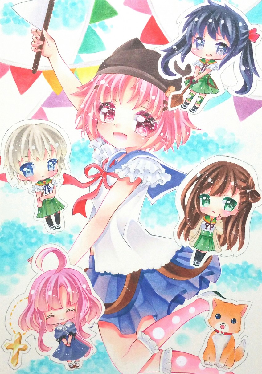 ebisuzawa kurumi, takeya yuki, wakasa yuuri, naoki miki, sakura megumi, and 1 more (gakkou gurashi!) drawn by mirai_(happy-floral)