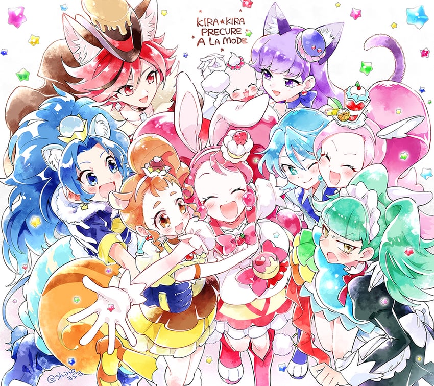 usami ichika, kotozume yukari, tategami aoi, kenjou akira, cure macaron, and 11 more (precure and 1 more) drawn by shinoasa