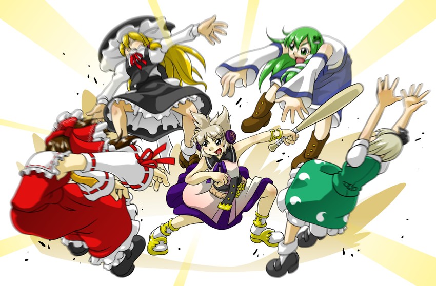hakurei reimu, kirisame marisa, kochiya sanae, konpaku youmu, and toyosatomimi no miko (touhou and 1 more) drawn by h.dupp_(nama_aakiruu)