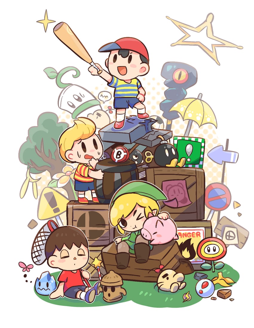 link, kirby, toon link, ness, lucas, and 8 more (the legend of zelda and 17 more) drawn by bana_(bana_bilibili)
