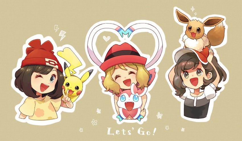 pikachu, eevee, serena, selene, sylveon, and 1 more (pokemon and 3 more) drawn by sasairebun