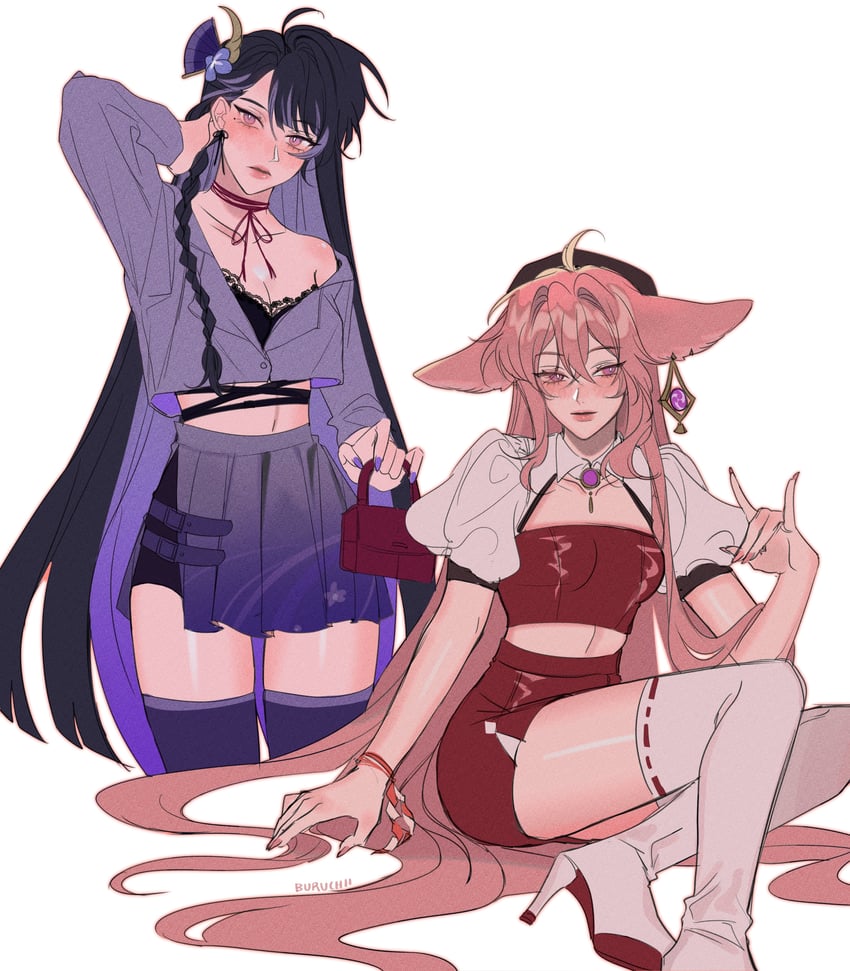 raiden shogun and yae miko (genshin impact) drawn by buruchii