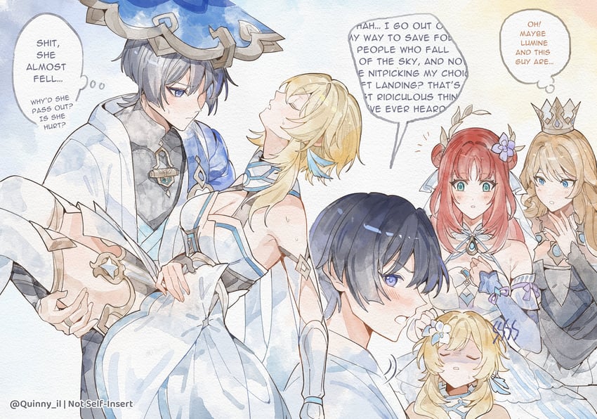 lumine, scaramouche, wanderer, navia, and nilou (genshin impact) drawn by hejee and quinny_il