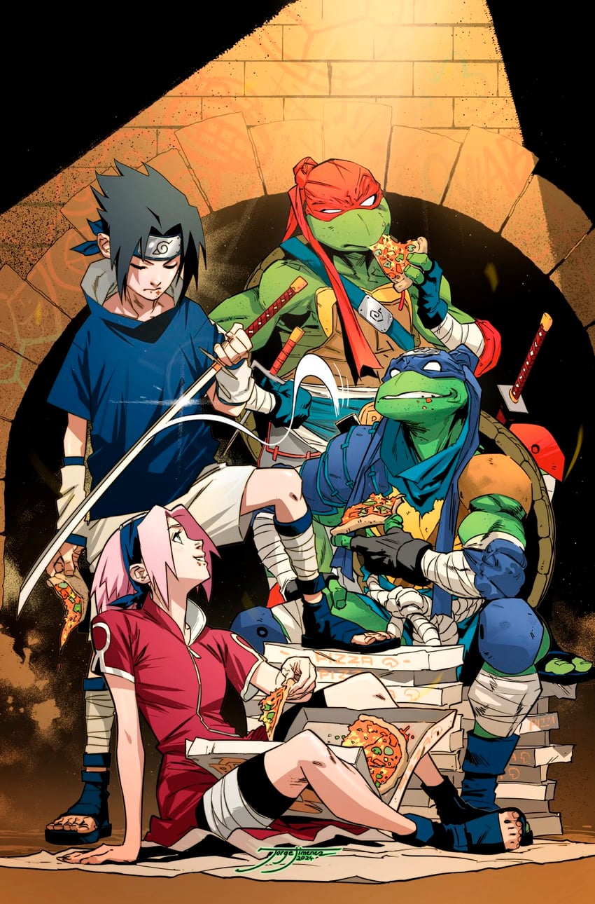 haruno sakura, uchiha sasuke, leonardo, and raphael (naruto and 1 more) drawn by jorge_jimenez