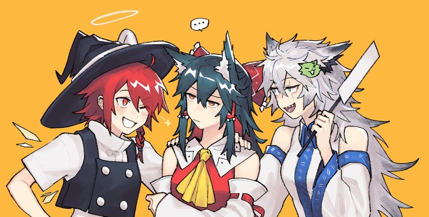 hakurei reimu, kirisame marisa, kochiya sanae, texas, lappland, and 1 more (touhou and 1 more) drawn by vento
