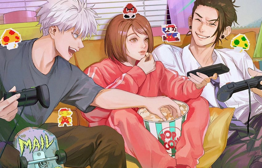 mario, gojou satoru, getou suguru, ieiri shoko, and goomba (mario and 1 more) drawn by great_tchr