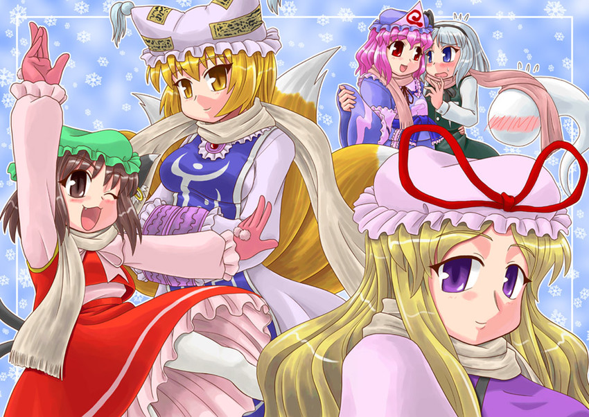konpaku youmu, yakumo yukari, saigyouji yuyuko, yakumo ran, and chen (touhou) drawn by sasuke_(sasuke_no_sato)