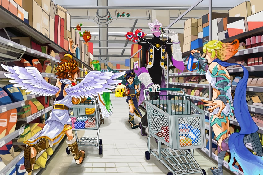 pit, dark pit, phosphora, monoeye, souflee, and 3 more (kid icarus and 1 more) drawn by anonymoose