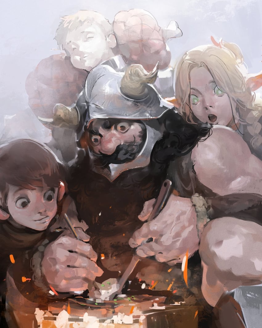 marcille donato, laios touden, senshi, and chilchuck tims (dungeon meshi) drawn by kanji_(nievart)
