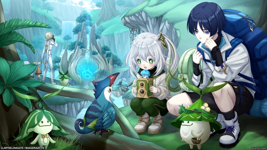 lumine, scaramouche, nahida, wanderer, aranara, and 1 more (genshin impact) drawn by clarthelunagate