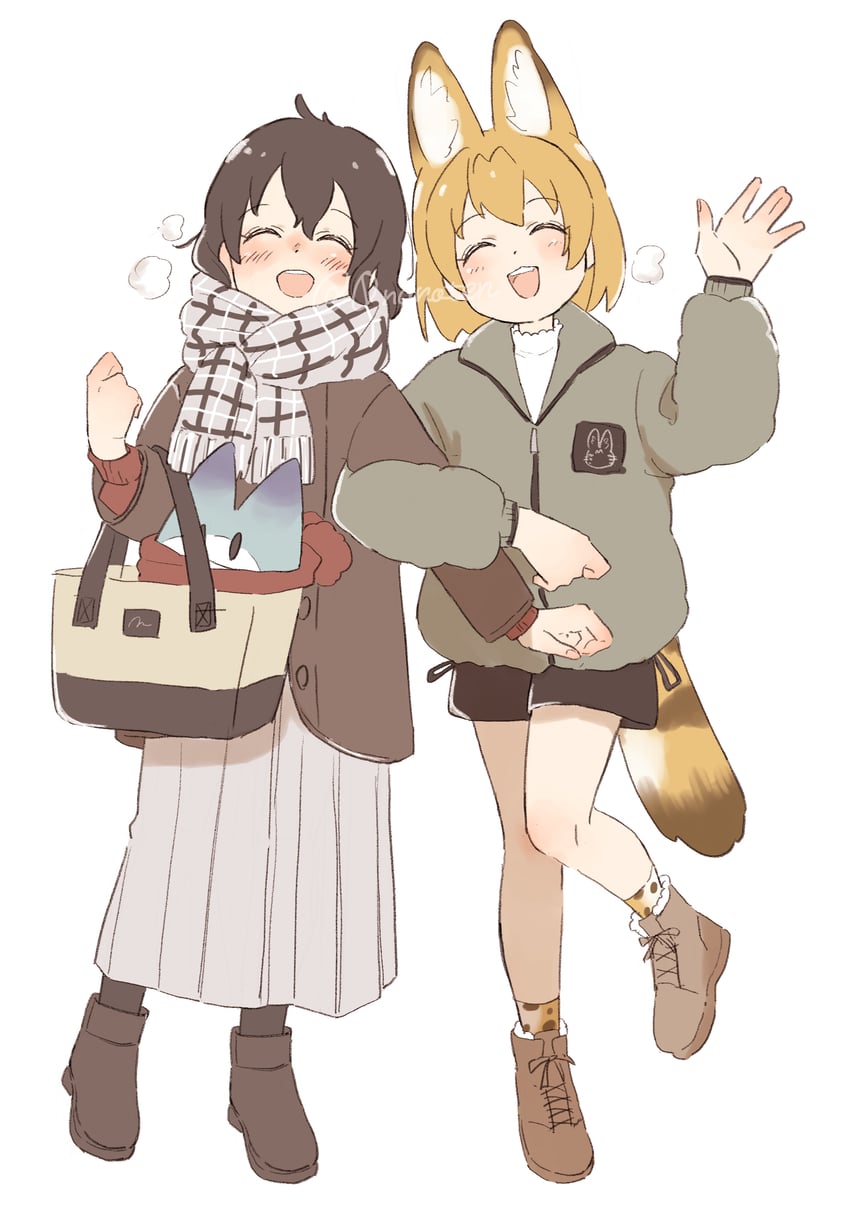 serval, kaban, and lucky beast (kemono friends) drawn by 0nanaten